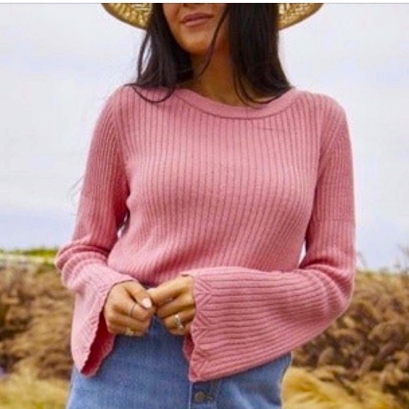 Rachel Parcell | Mauve Pink Linen Ribbed Bell Sleeve Sweater Romantic | Size XS - Picture 1 of 11